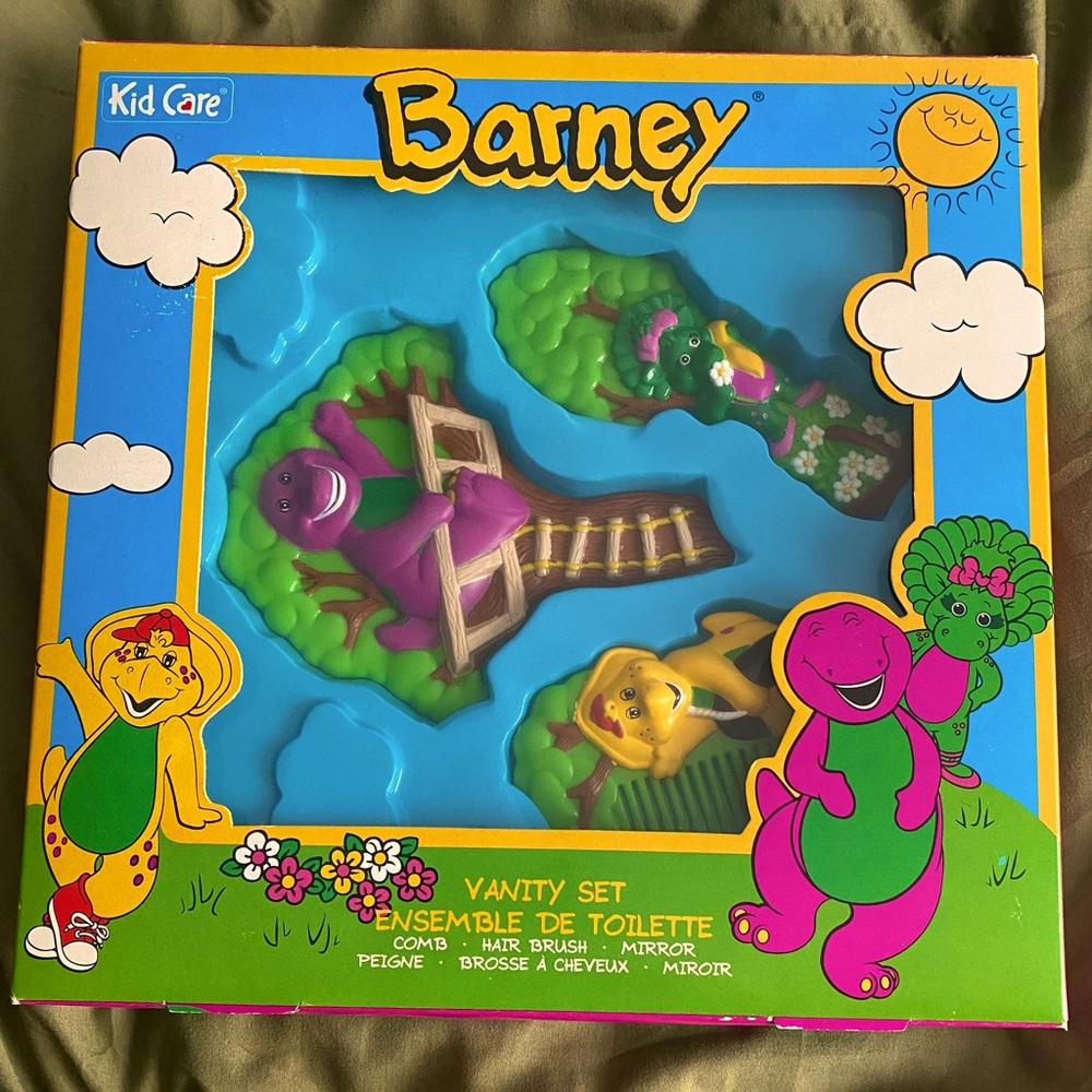 Barney 1995 Vintage Vanity Set - Brush, Comb, & Mirror - In Box